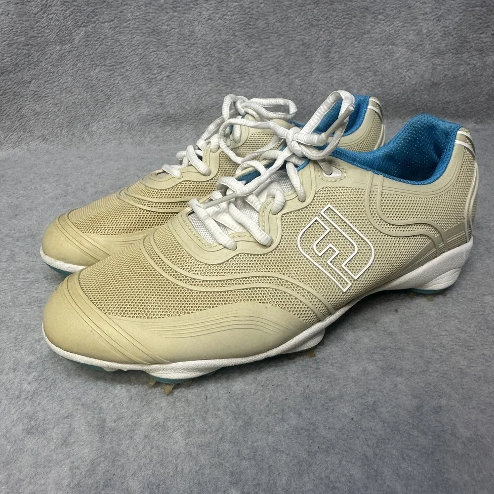 FootJoy FJ Aspire Golf Shoes Women 7 Medium Beige Blue Flex-Zone Spikes Athletic